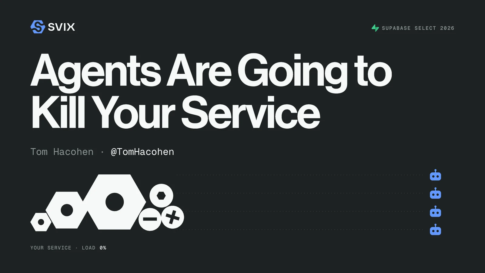 Title slide: Agents Are Going to Kill Your Service, Tom Hacohen, Supabase Select 2026