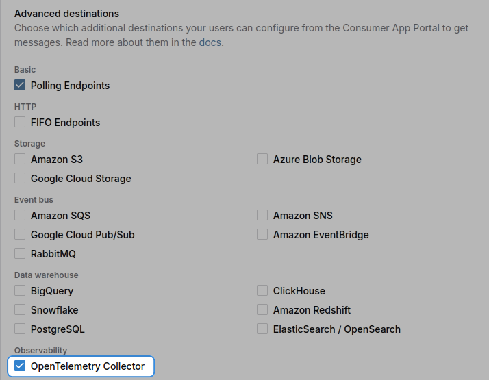 Enabling the OpenTelemetry Collector Advanced Destination