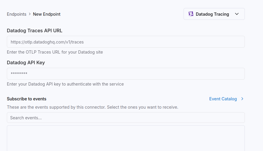 Datadog Tracing connector setup form