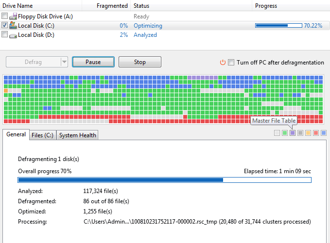 Defrag utility in action