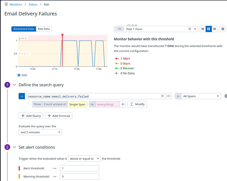 Configuring a Datadog monitor to alert on email.delivery_failed spans