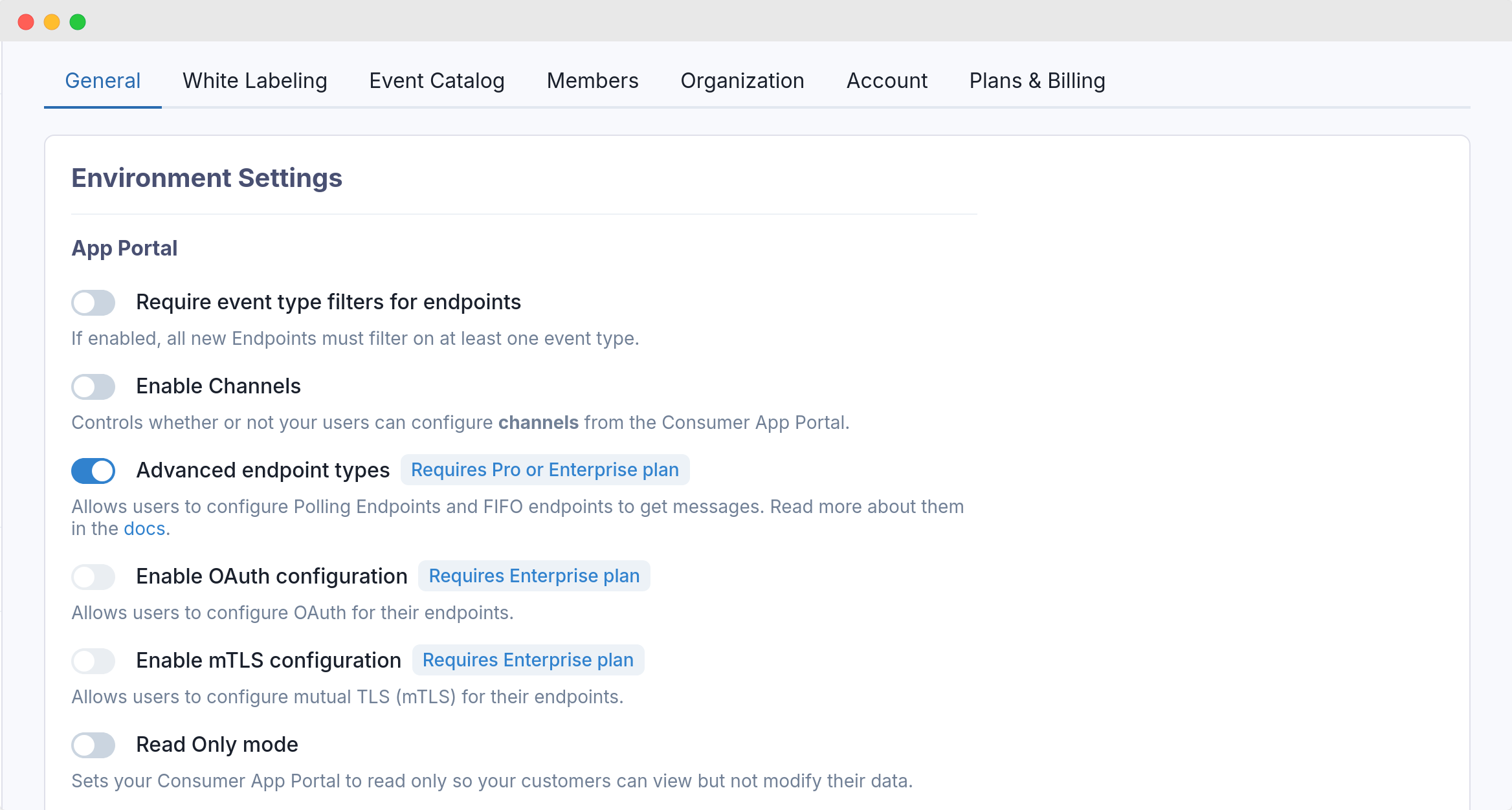 Settings page