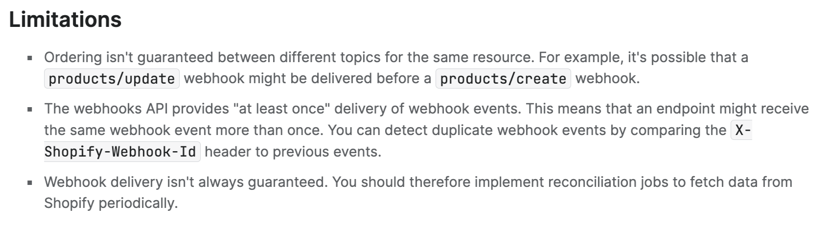 shopify webhook limitations